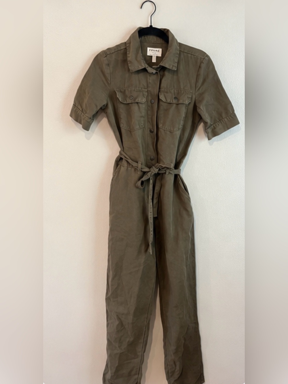 FRAME Denim Olive Green Utility Jumpsuit Size Small Belted Short Sleeve